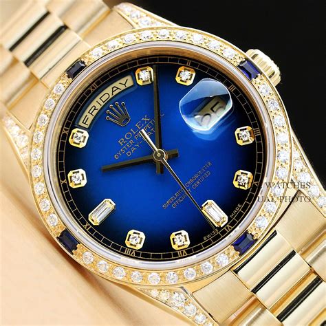 rolex men's president diamond bezel blue face|18k gold Rolex with diamonds.